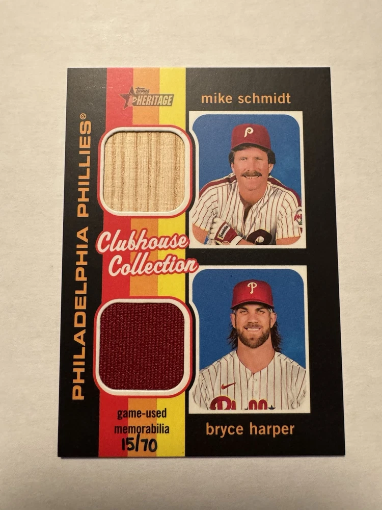 2020 Topps Heritage High Number - Clubhouse Collection Dual Relics #CCDR-SH Bryce Harper, Mike Schmidt /70 (MEM)