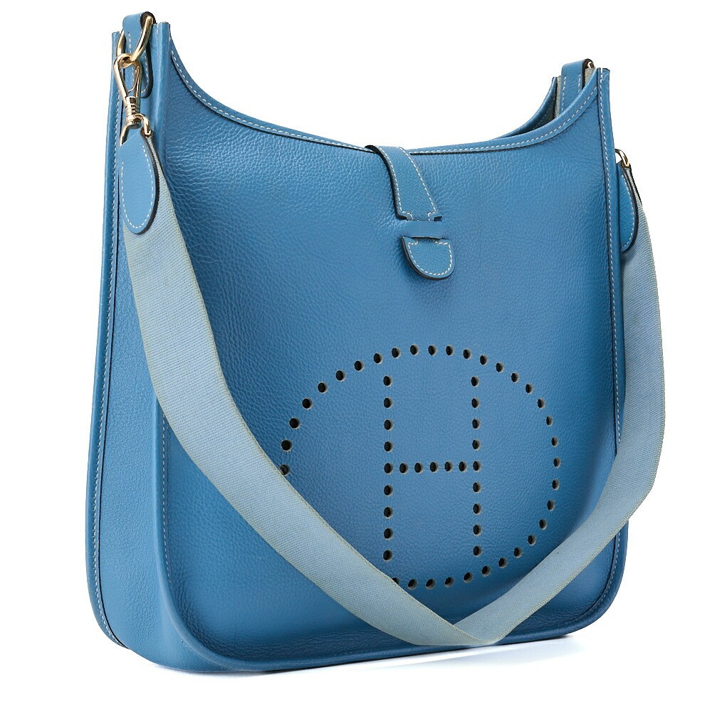 HERMES Evelyne PM Taurillon Clemence Shoulder Bag Blue Jean Gold HW 322701