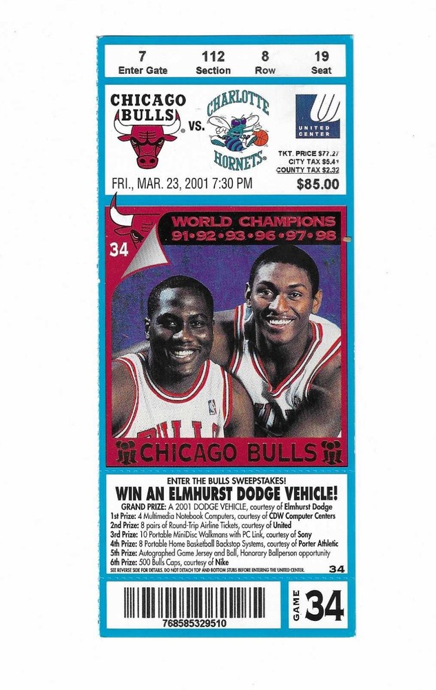 Chicago Bulls vs Charlotte Hornets Unused Basketball Ticket from 3/23/2001