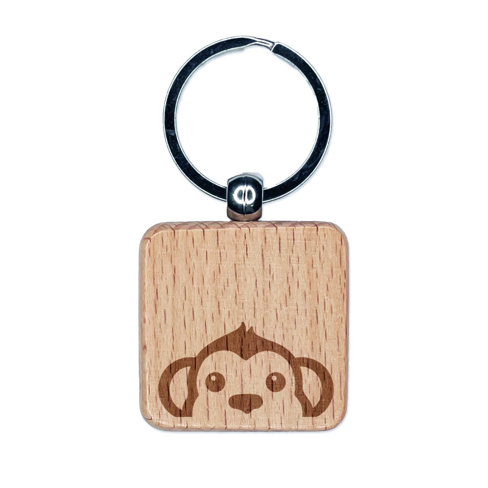 Peeking Monkey Engraved Wood Square Keychain Tag Charm