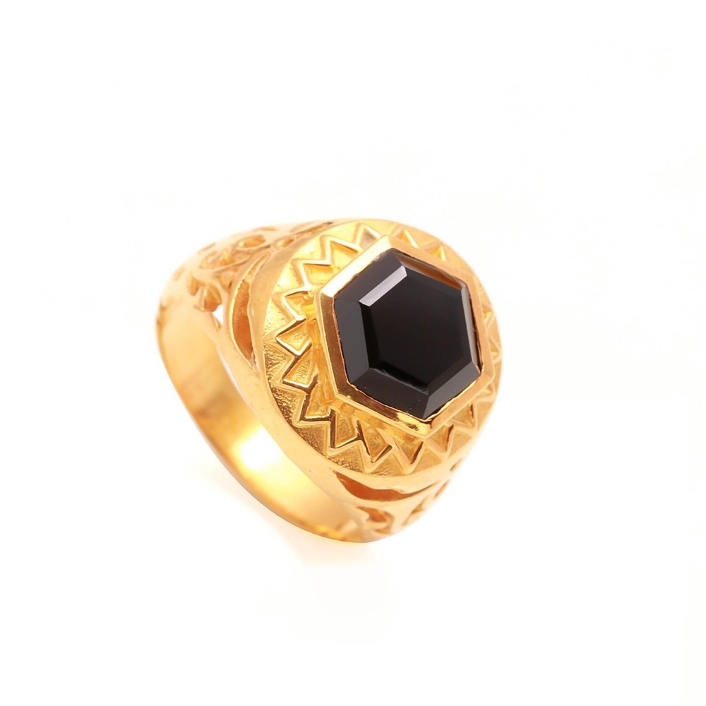 Natural Black Onyx Hexagon Ring 925 Sterling Silver Gold Plated Handmade Jewelry