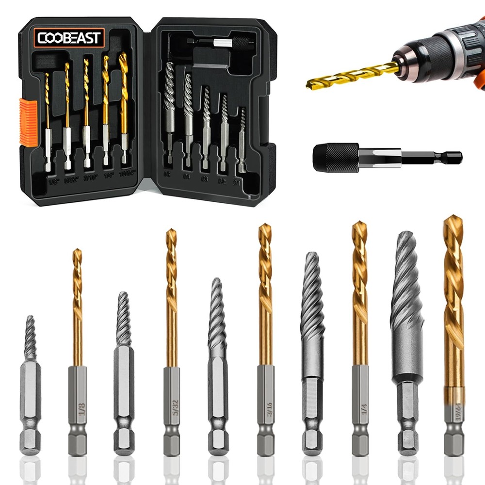 11Pcs Screw Extractor and Left Hand Drill Bit Kit for Easy Bolt Removal