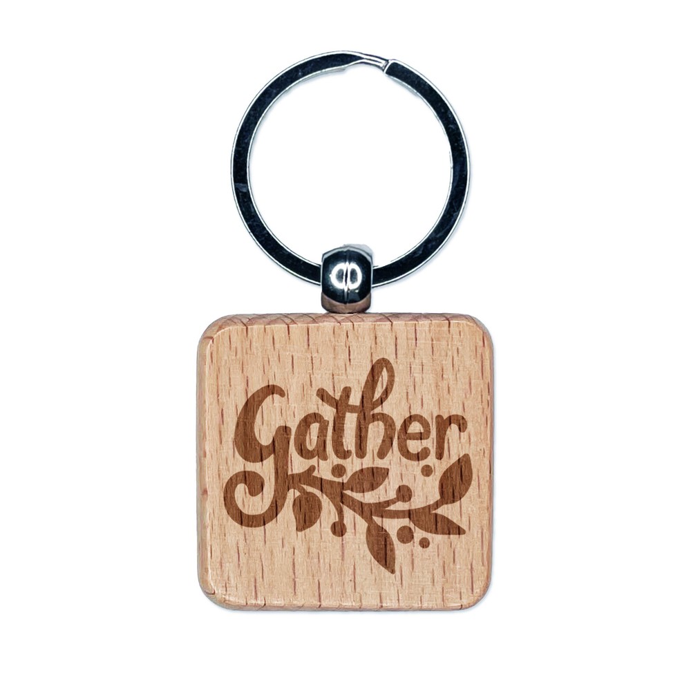 Autumn Fall Harvest Engraved Wooden Square Keychain with Pretty Foliage  