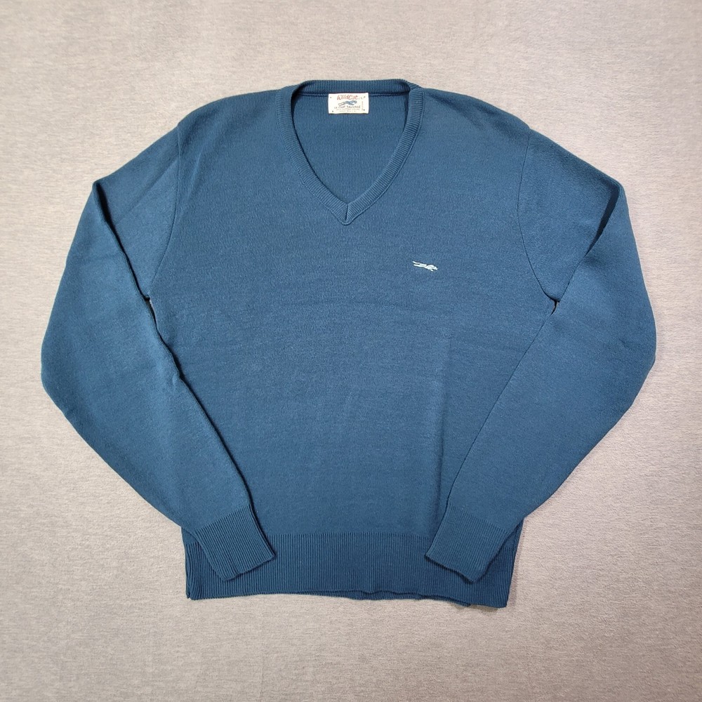 Винтажный мужской свитер с диким котом большой синий Le-Chat Sauvage сделано в США логотип Orlon 70-е