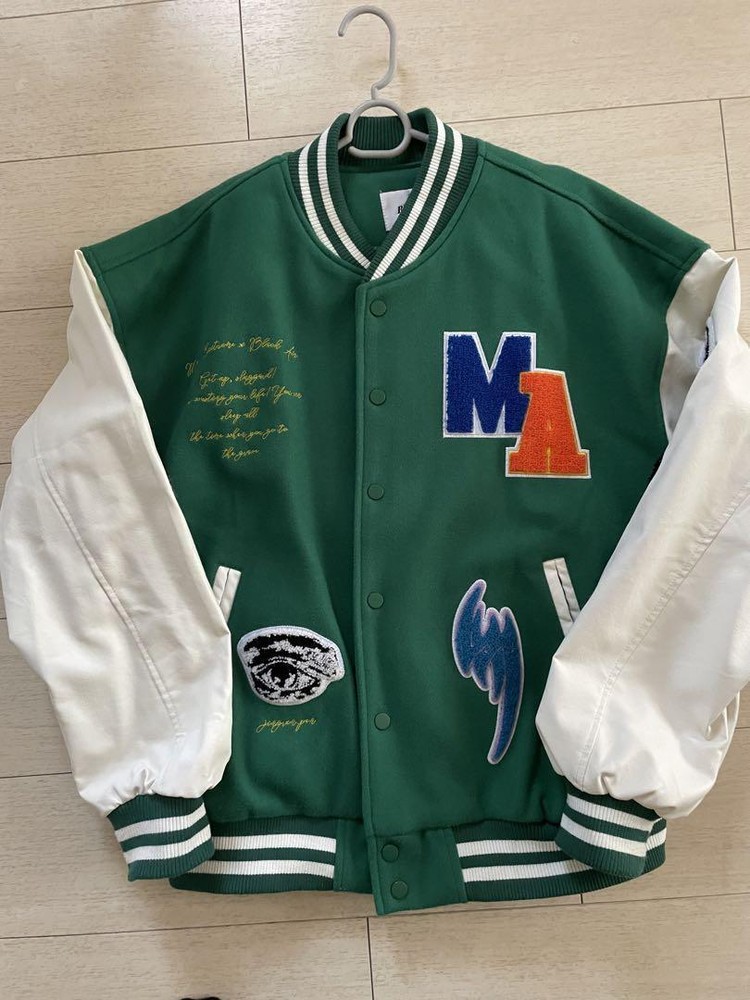 MA Unisex Green White Stadium Jacket with Skull Trumpet Embroidery Size M