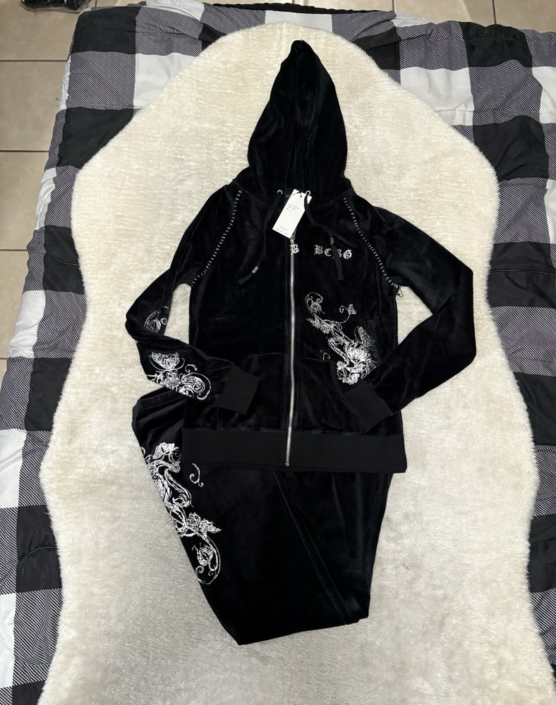 BCBG Max Azria Black Silver Embellish Velour Set Sweat Pants Hoodie Large Y2K