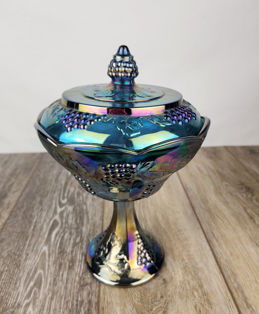 Vintage Indiana Carnival Glass Blue Harvest Grape Pedestal Candy Dish with Lid