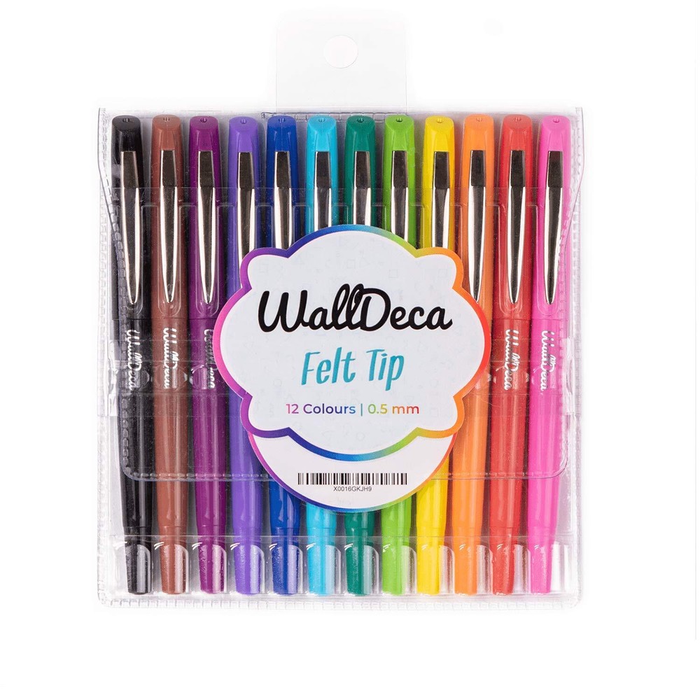 WallDeca Felt Tip Pens, Fine Point (0.5mm), Assorted Rainbow Colors, 12 Count...