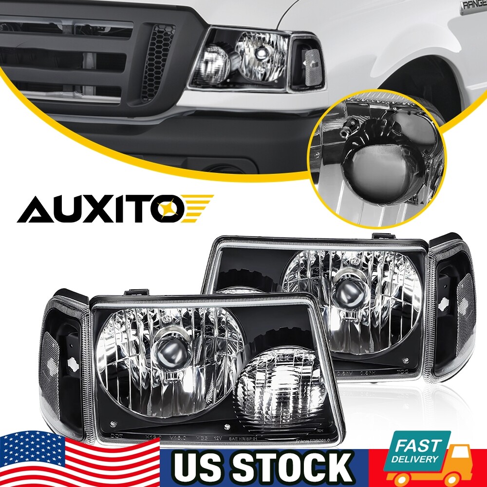 Pair For 2001-2011 Ford Ranger Black Housing Clear Corner Headlight Headlamp NEW
