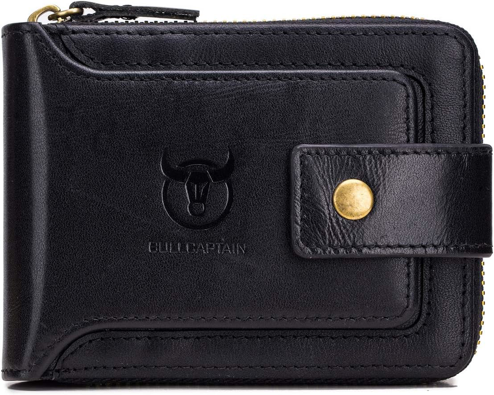 Leather Wallet for Men Large Capacity ID Window Zip Coin Pocket Black