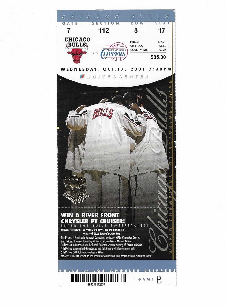 Chicago Bulls vs Los Angeles Clippers Unused Basketball Ticket from 10/17/2001