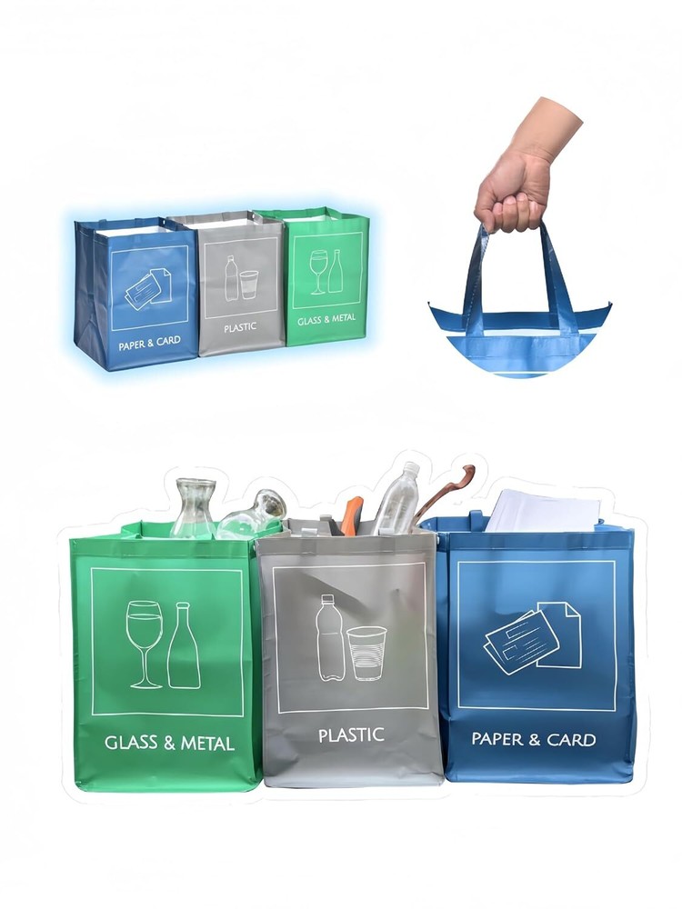 Reusable Recycle Bags 3-Piece Separate Recycling Bin Set for Home Kitchen and...