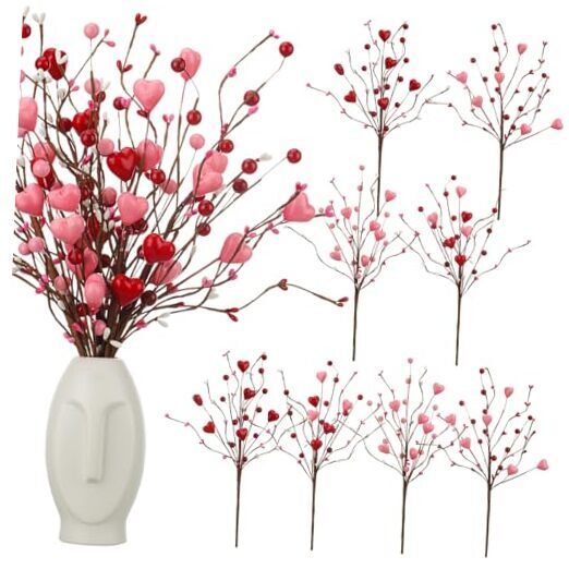 12 Pink Valentine Heart Sprays with Artificial Flowers and Berry Stems-image