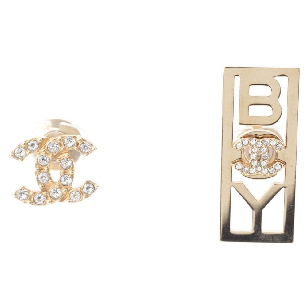 Chanel Coco Mark Boy Brooch Gold Plated Pinstone 2 Piece Set L22P 441897