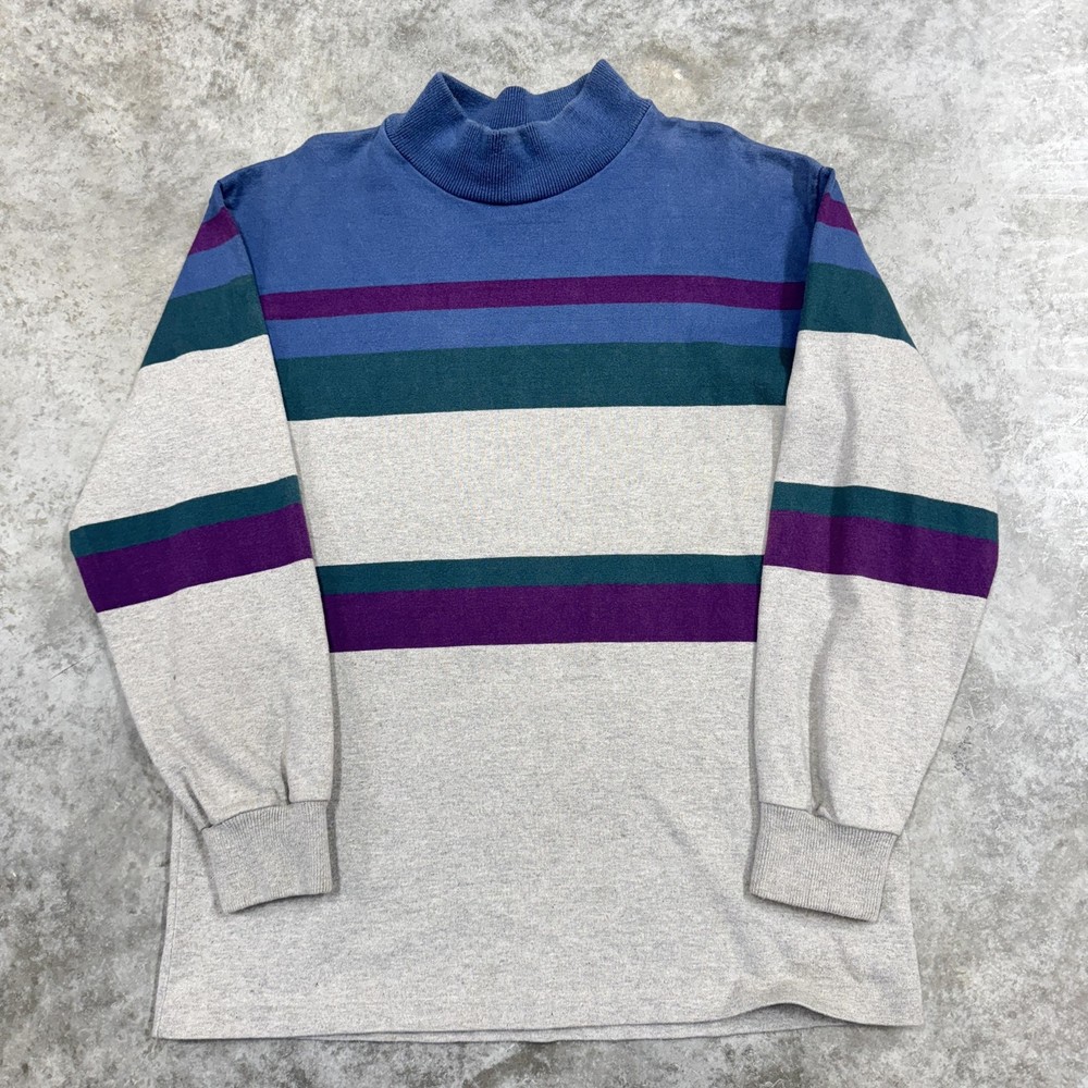 VINTAGE L.L. Bean Shirt Mens Large Gray Stripe Mock Neck Long Sleeve USA 90s