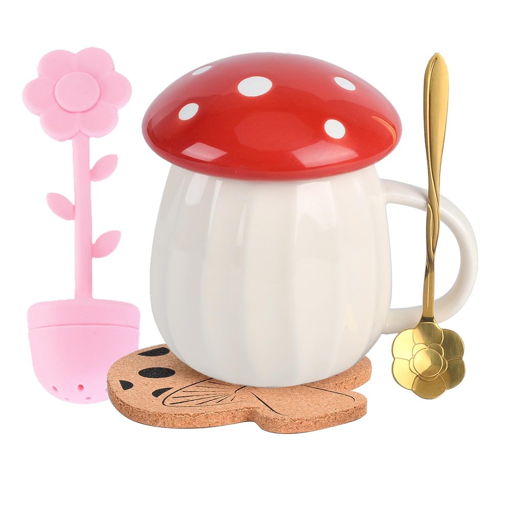 Cute 8oz Mushroom Coffee Mug with Lid, Ceramic Tea Cup, Perfect Gift for Women