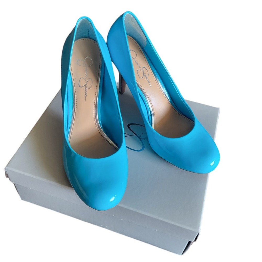 Jessica Simpson Women's Patent Slip On Heels Round Toe Capri Blue Size 8.5