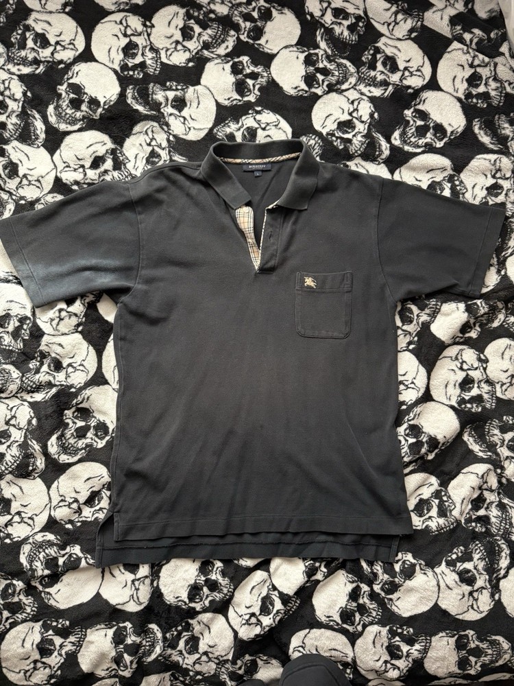 Burberry London Men’s Black Polo Shirt Nova Check placket Short Sleeve Medium