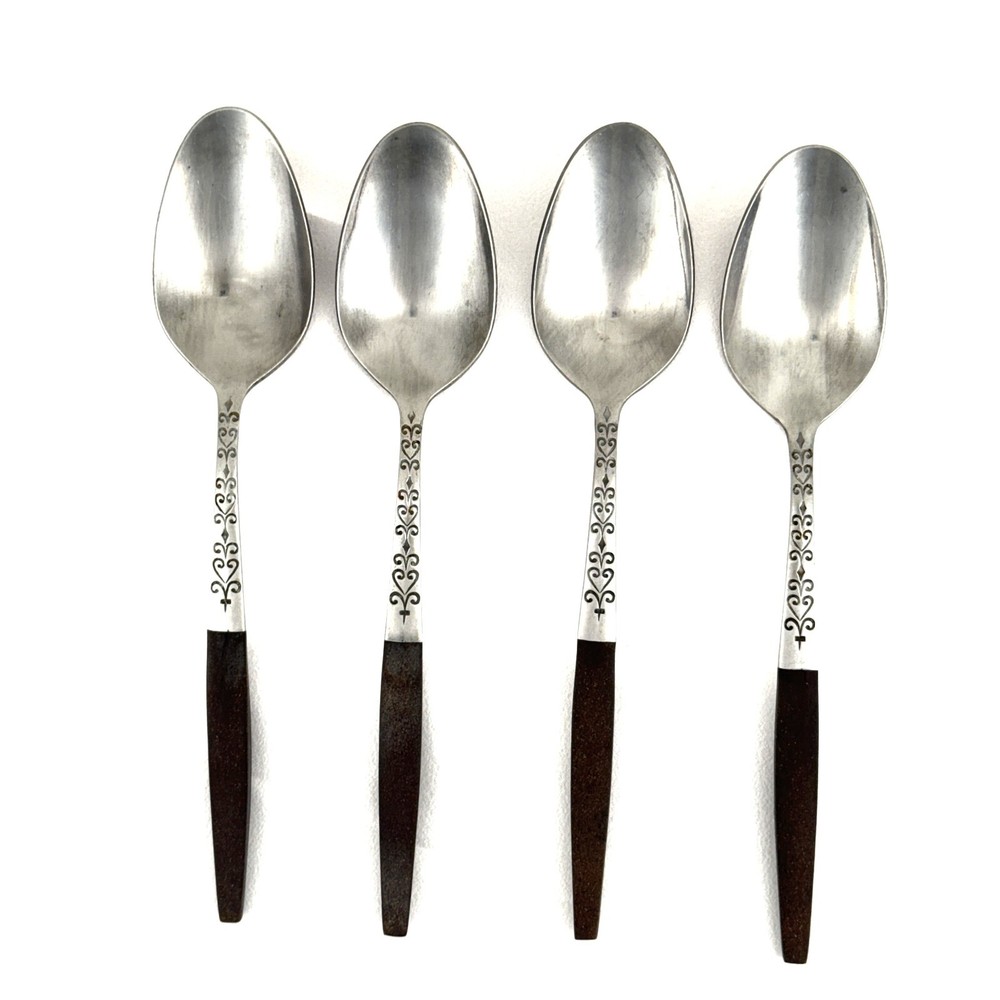 4 Interpur INR2 Soup Spoons SS + Brown Synthetic Handles w Cracks Lot #187