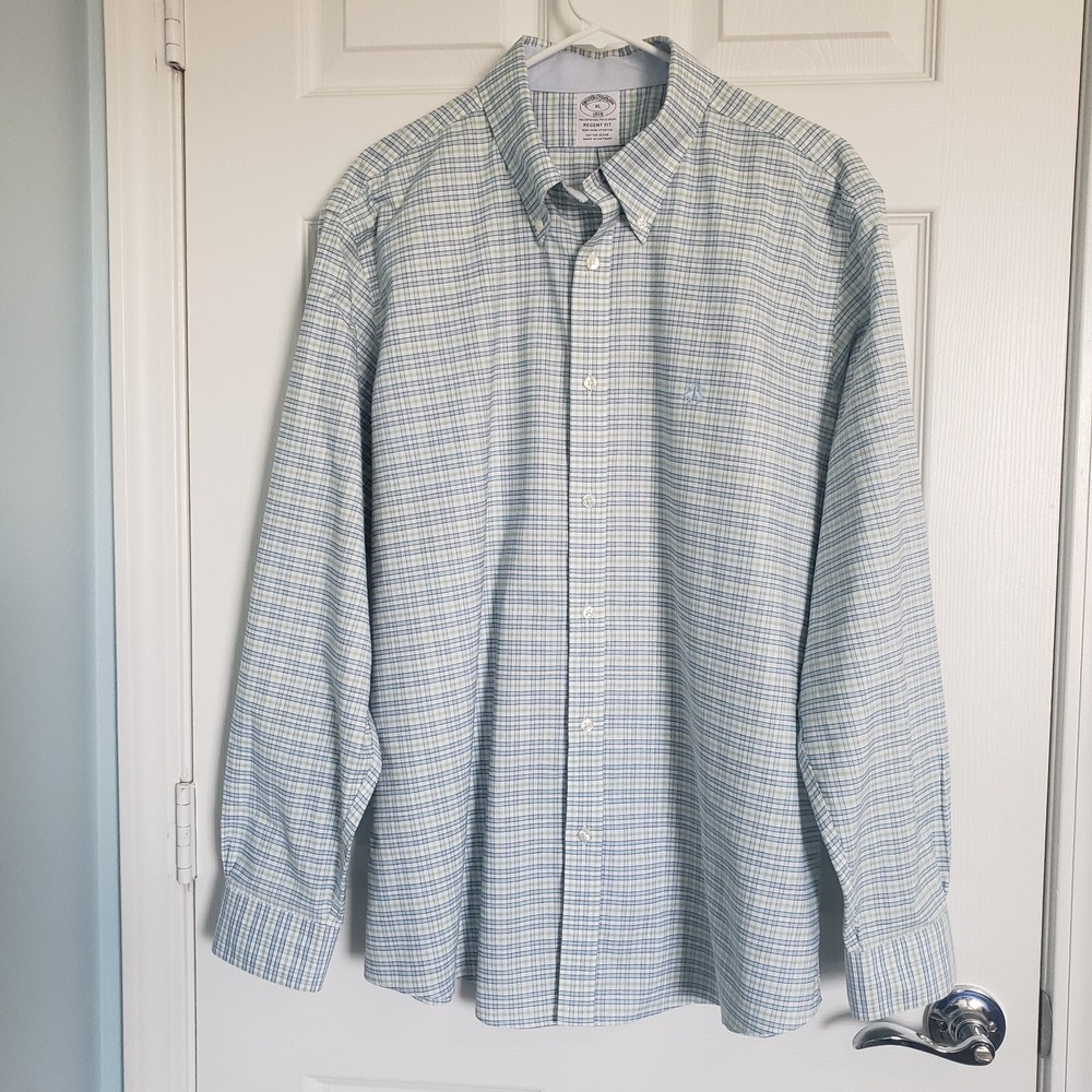 Brooks Brothers 1818 Regent Fit Stretch Mens XL Blue Green Check Flip Cuff Logo