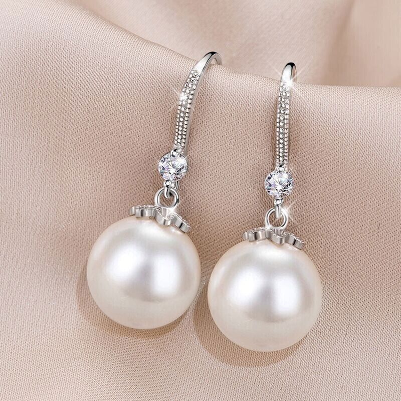 Cute Sterling Silver Crystal Pearl Drop Hook Earrings for Women Jewelry Gift