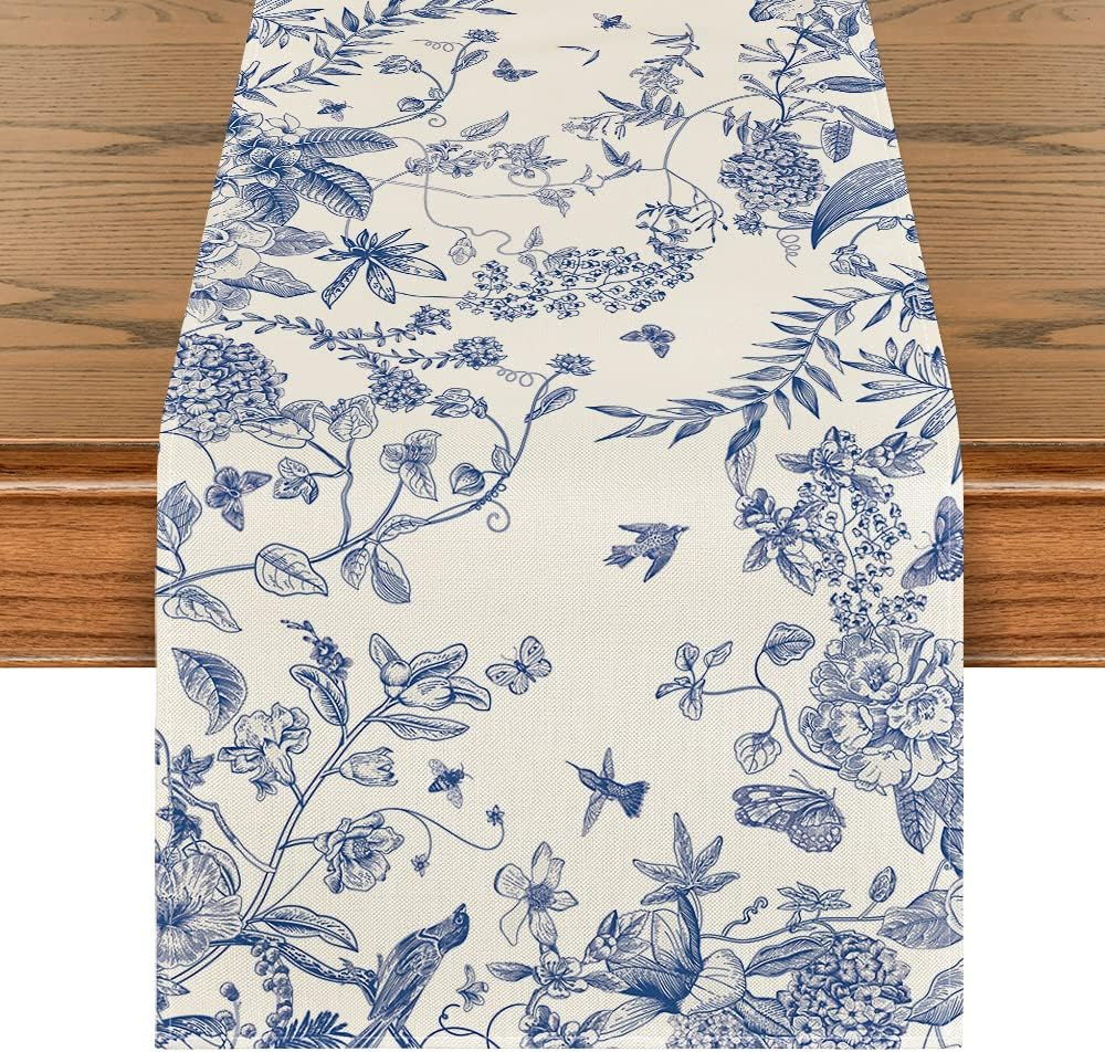 Monochrome Sketch Birds and Flowers Summer Table Runner, Seasonal Spring Fall Ki