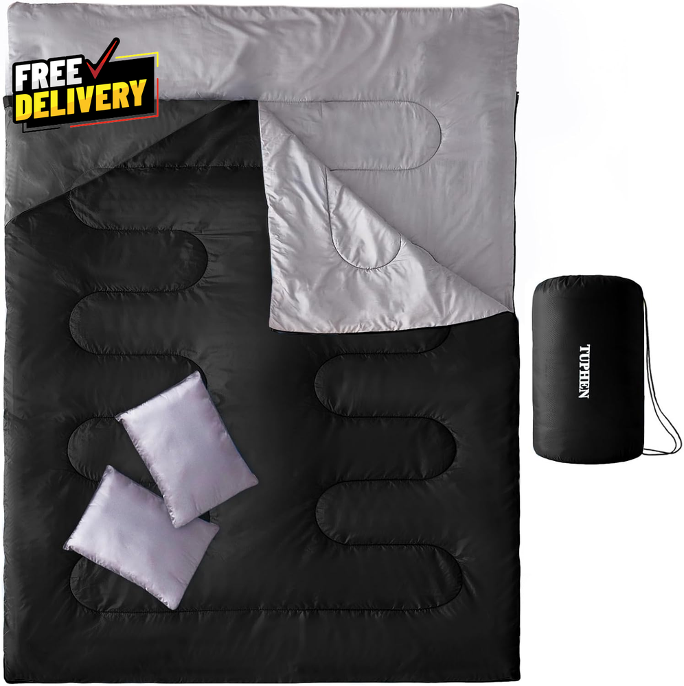 Double Sleeping Bag with 2 Pillows Queen Size XL Waterproof for Camping Hiking