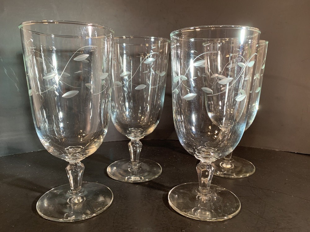 Set Of 4 Windswept By Libbey Etched Crystal 14 Oz Iced Tea Glass Goblets EUC
