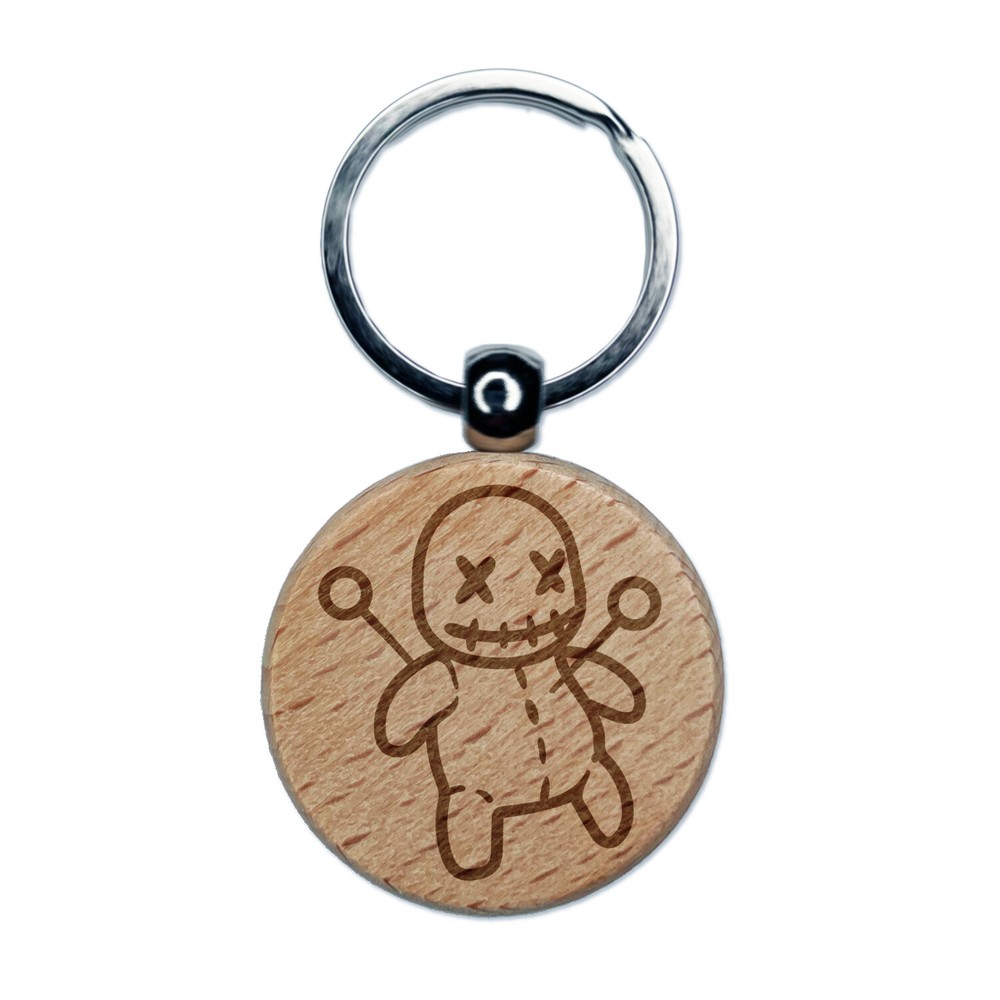 Spooky Handmade Voodoo Doll Wooden Keychain Charm with Engraved Details