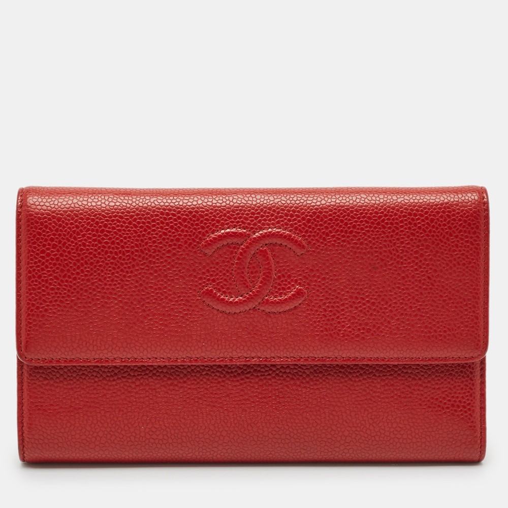 Chanel Red Caviar Leather CC Timeless Wallet with Chain Strap