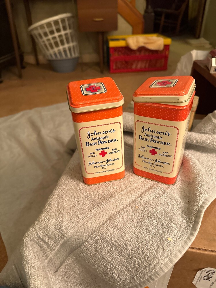 2 VINTAGE JOHNSON & JOHNSON ANTISEPTIC BABY POWDER 5” TIN 100TH ANNIVERSARY