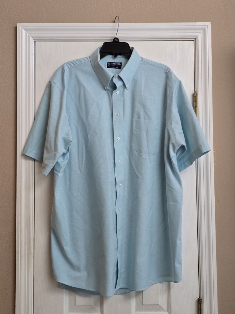 Men's Stafford XXL/18 Short Sleeve Oxford Dress Shirt Cotton Blend Blue Formal