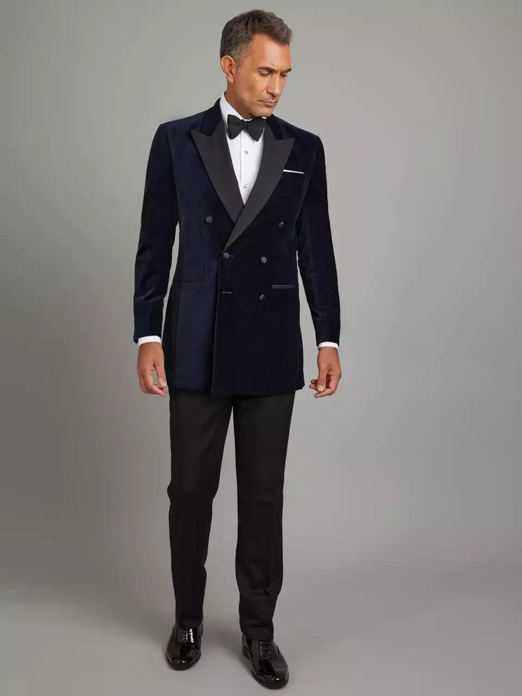 Men's Blue Velvet Tuxedo Jacket with Peak Lapel & Matching Trousers 44 38