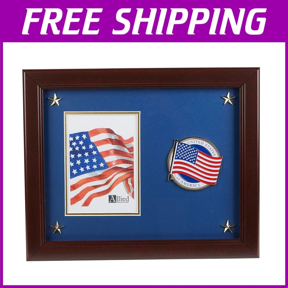 5 x 7 Inch American Flag Picture Frame with Stars & Gold Trim - Wall Mountable