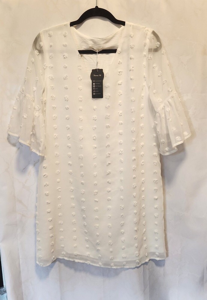 Blooming Jelly Women's White Flowy V-Neck Chiffon Mini Shift Dress