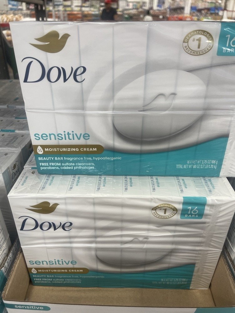 Dove Sensitive Skin Unscented Beauty Bar Soap 3.75 oz 16 Pack Moisturizing