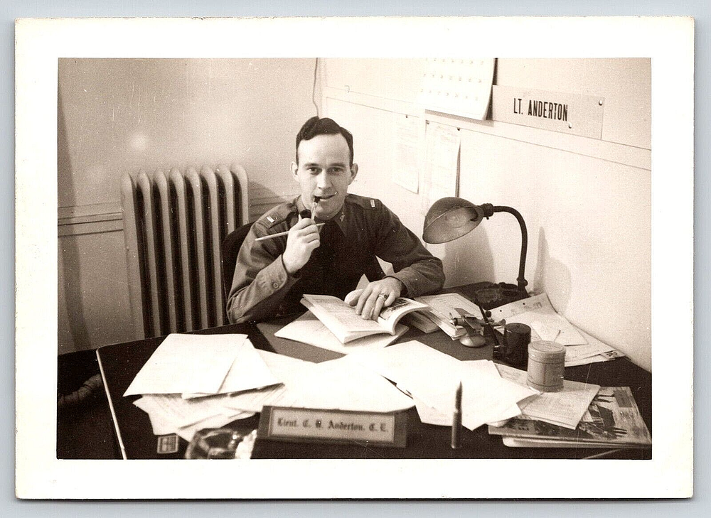 Vintage WWII Military Lieutenant Smoking Pipe at Office Desk Photo