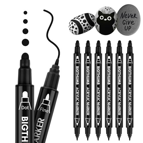 BIGTHUMB Black Paint Pen, 6 Pack Dual Tip Acrylic Paint Markers with Fine Tip...