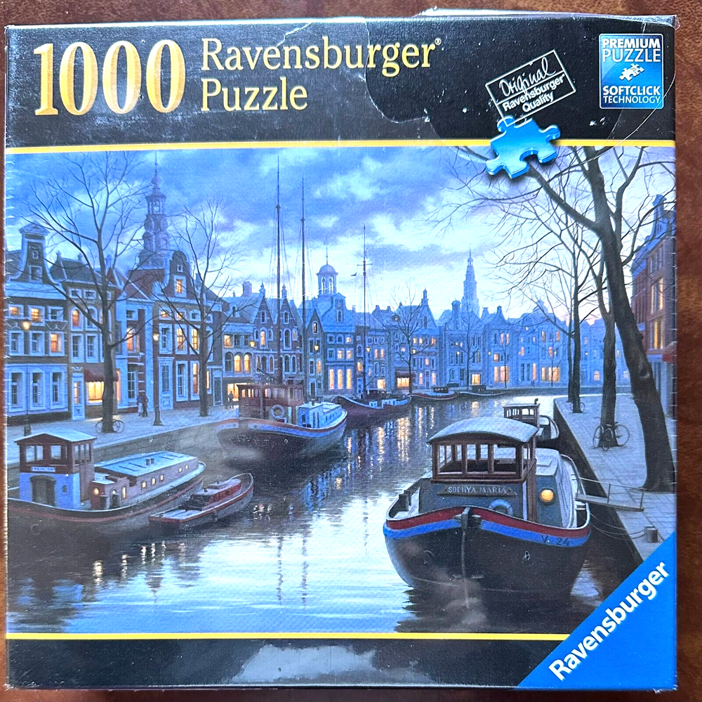 Life on the Canal NEW 1000 pc Puzzle Dusk Boats Some Anchored Bike Steeples