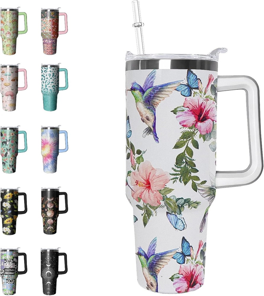 40 Oz Tumbler with Handle and Straw Hummingbird Tumbler Leak Proof Insulated Cup
