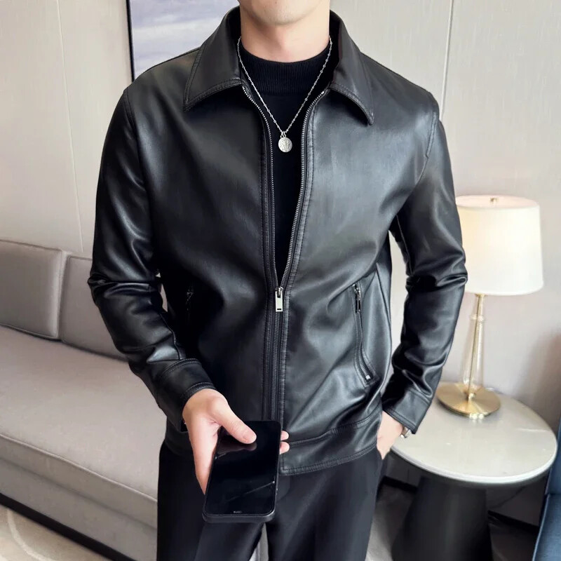 Slim Fit Anti-Wind Motorcycle PU Leather Jacket for Men Casual Lapel Coat