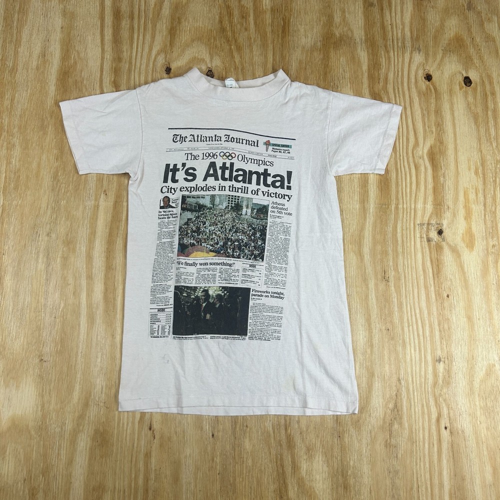 Vintage 1996 Atlanta Olympics Newspaper Print Men's Small White T-Shirt