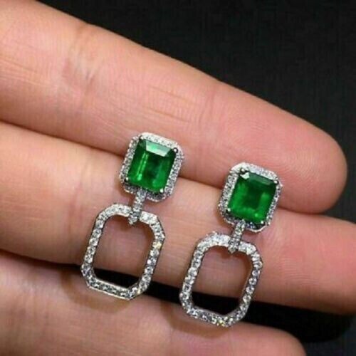 3Ct Emerald Cut Green Simulated Gemstone Drop Dangle Earrings in 14K White Gold Plating