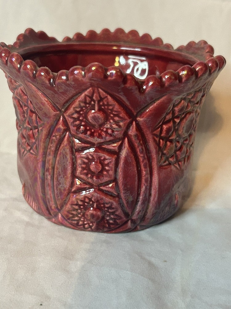 Red mini Vase candy dish bowl sawtooth rim diamond ring pattern VTG rare￼