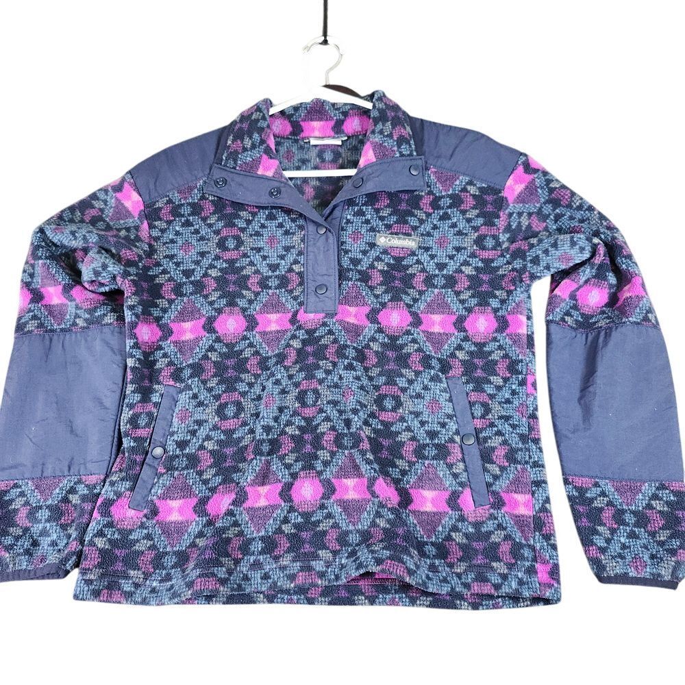 Columbia Geometric Fleece Snap Neck Pullover in Pink Navy Pattern - Size Medium