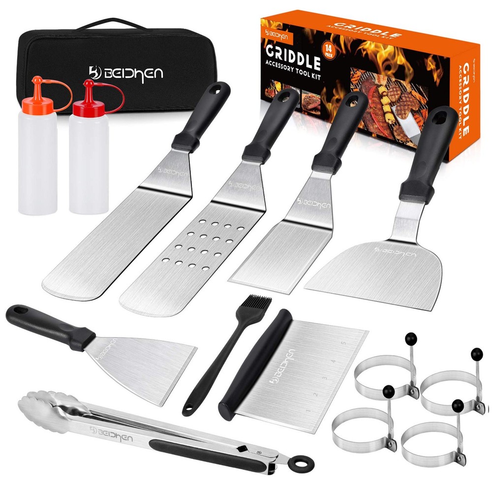 14-Piece Stainless Steel Griddle Grill Accessories Kit in Black