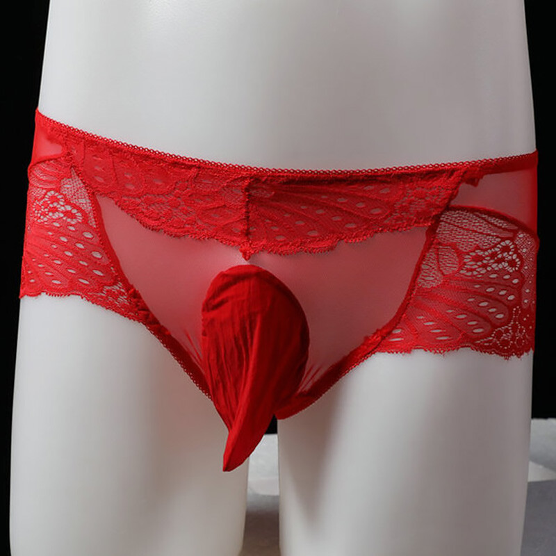 Men See-through Lace Underwear Sexy Sissy Bugle Pouch Briefs Panties Thong