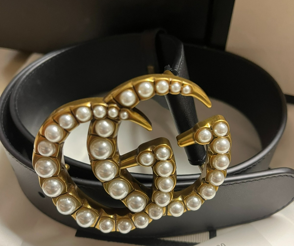 Gucci GG Pearl Buckle Women's Black Leather Belt Size 85 cm fit's 28/30 Waist