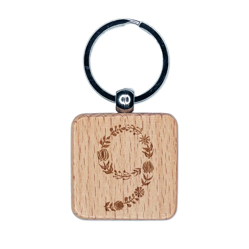 Elegant Botanical Floral Number 9 Engraved Wood Square Keychain Tag Charm