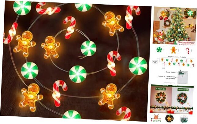 [Timer] 10 FT 30 LED Christmas String Lights Decorations Gingerbread Man Candy